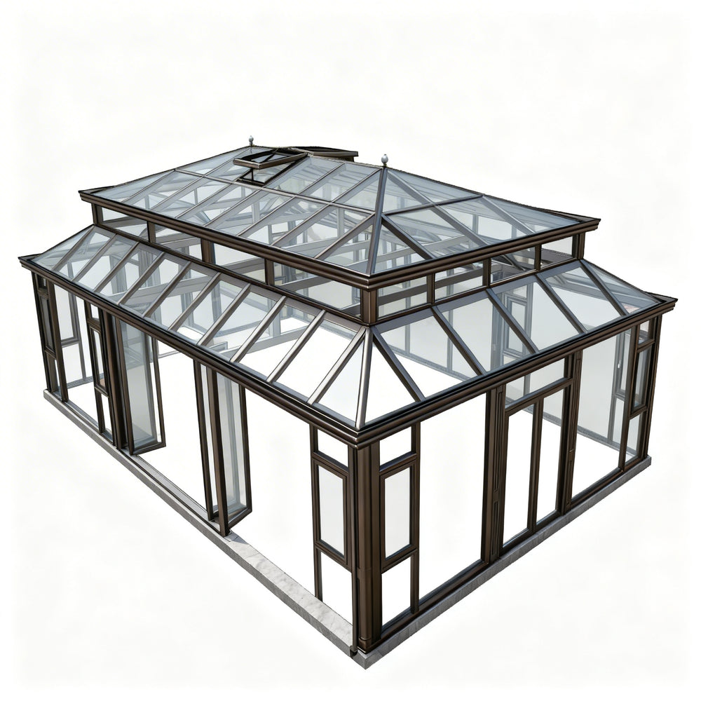 Freestanding glass enclosure with double‑tier roof structure