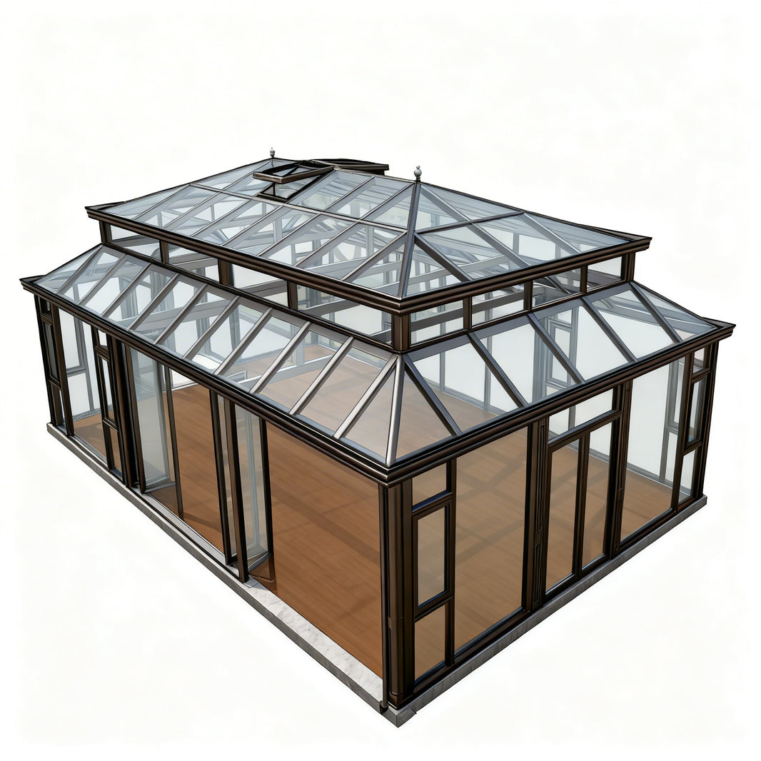 Modern double‑tier glass conservatory with raised roof vent