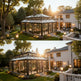 Two views of a modern house with a glass conservatory during sunset.