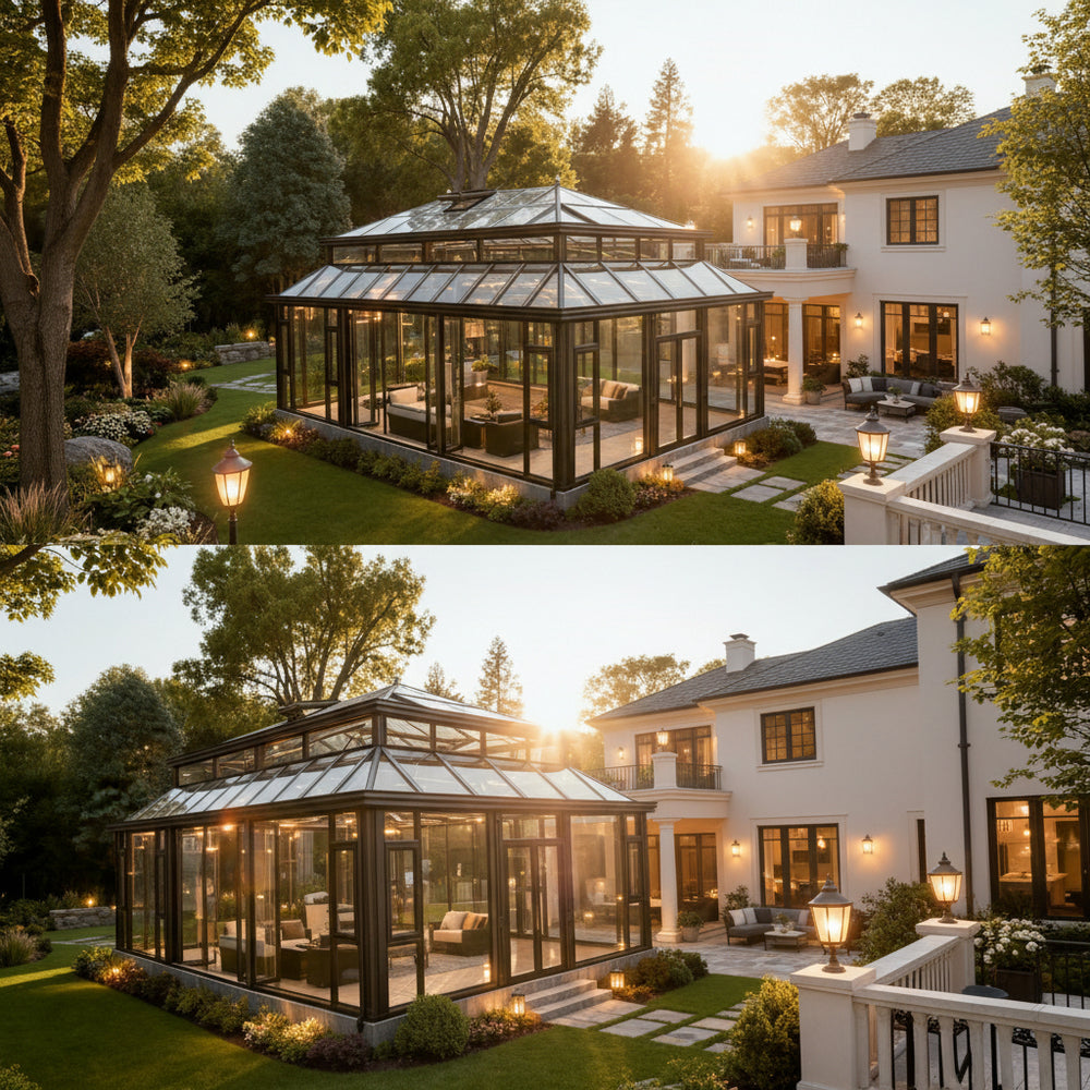Two views of a modern house with a glass conservatory during sunset.