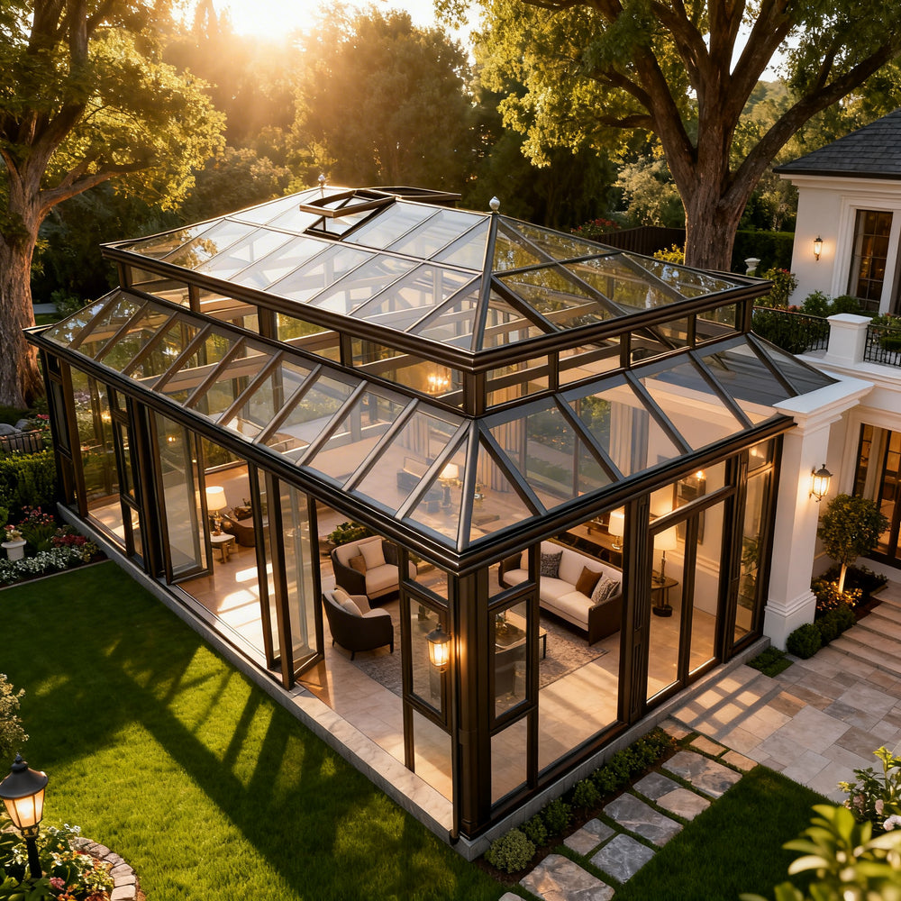 Contemporary glass pavilion with dual‑level roof design