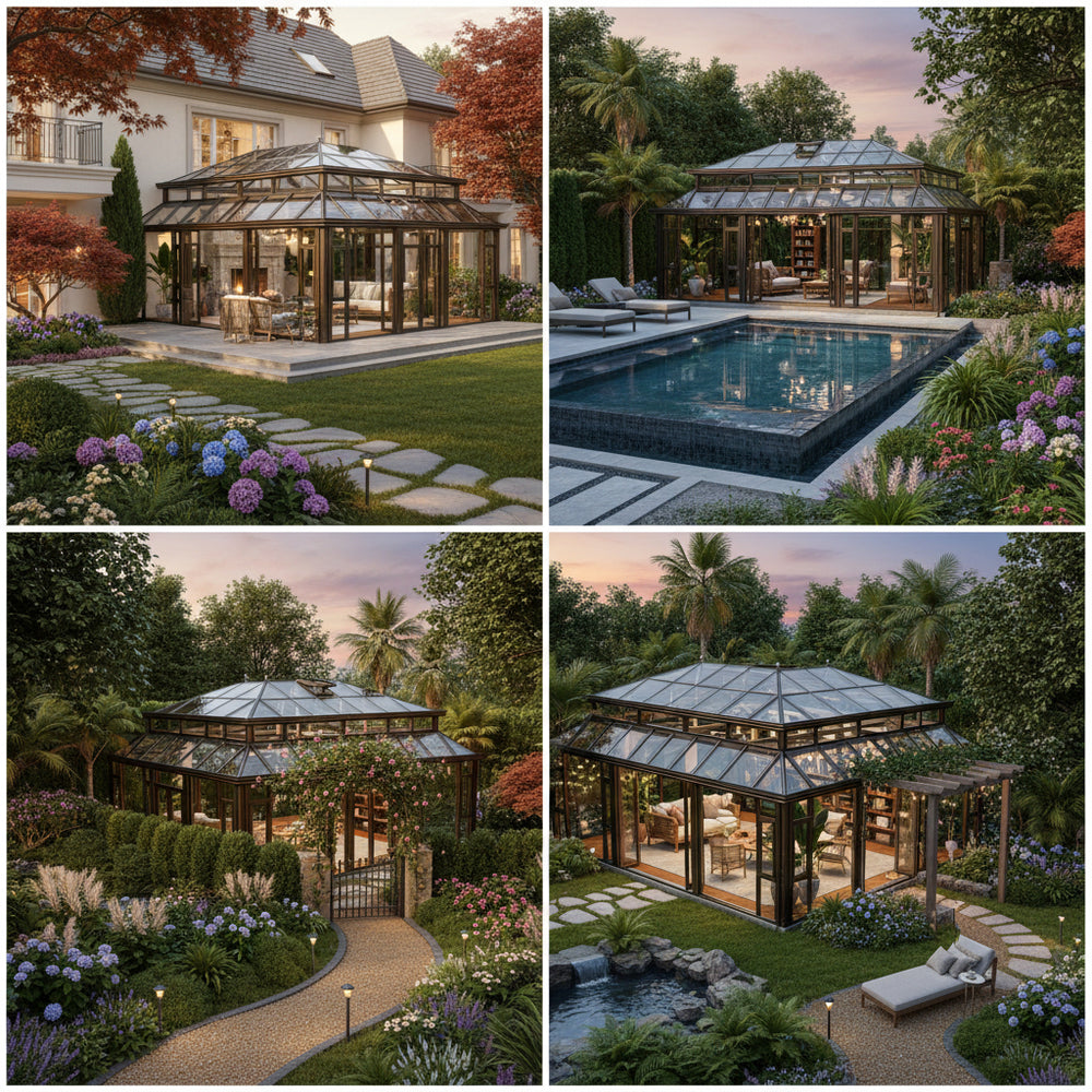 Modern conservatory with sloped glass roof and wooden flooring