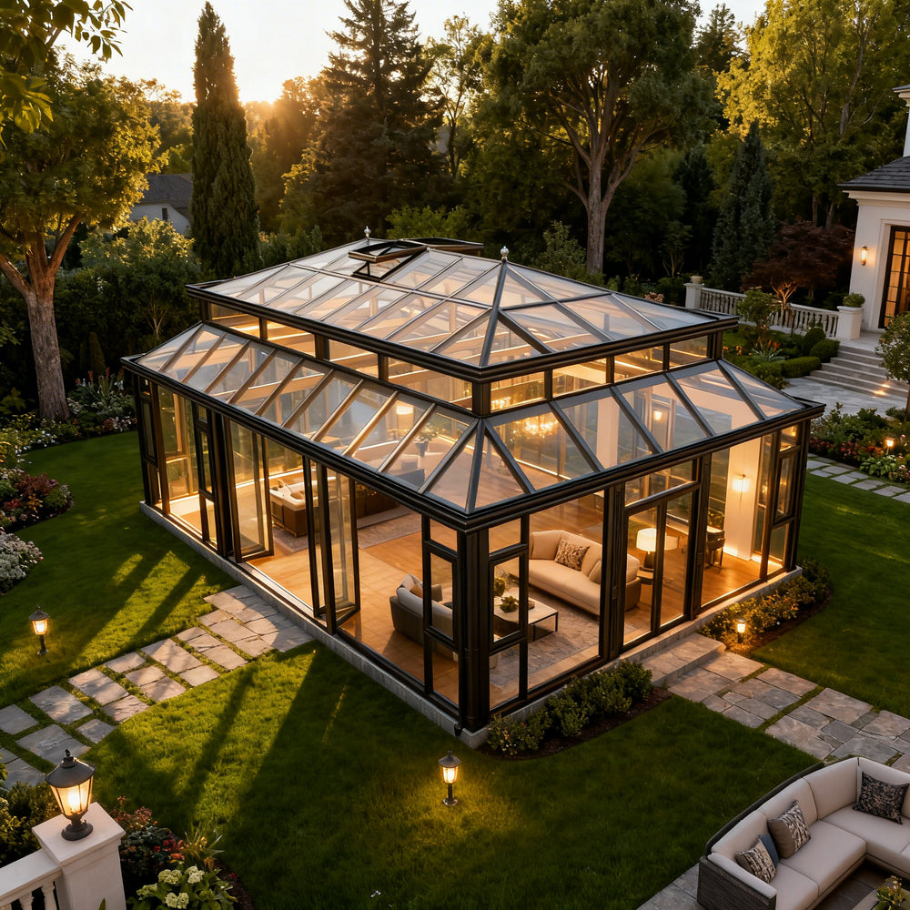Luxury outdoor conservatory with raised roof ventilation