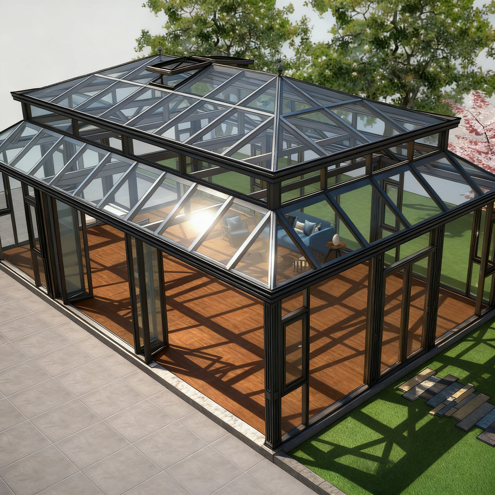 Glass greenhouse with wooden floor and metal frame, surrounded by greenery.