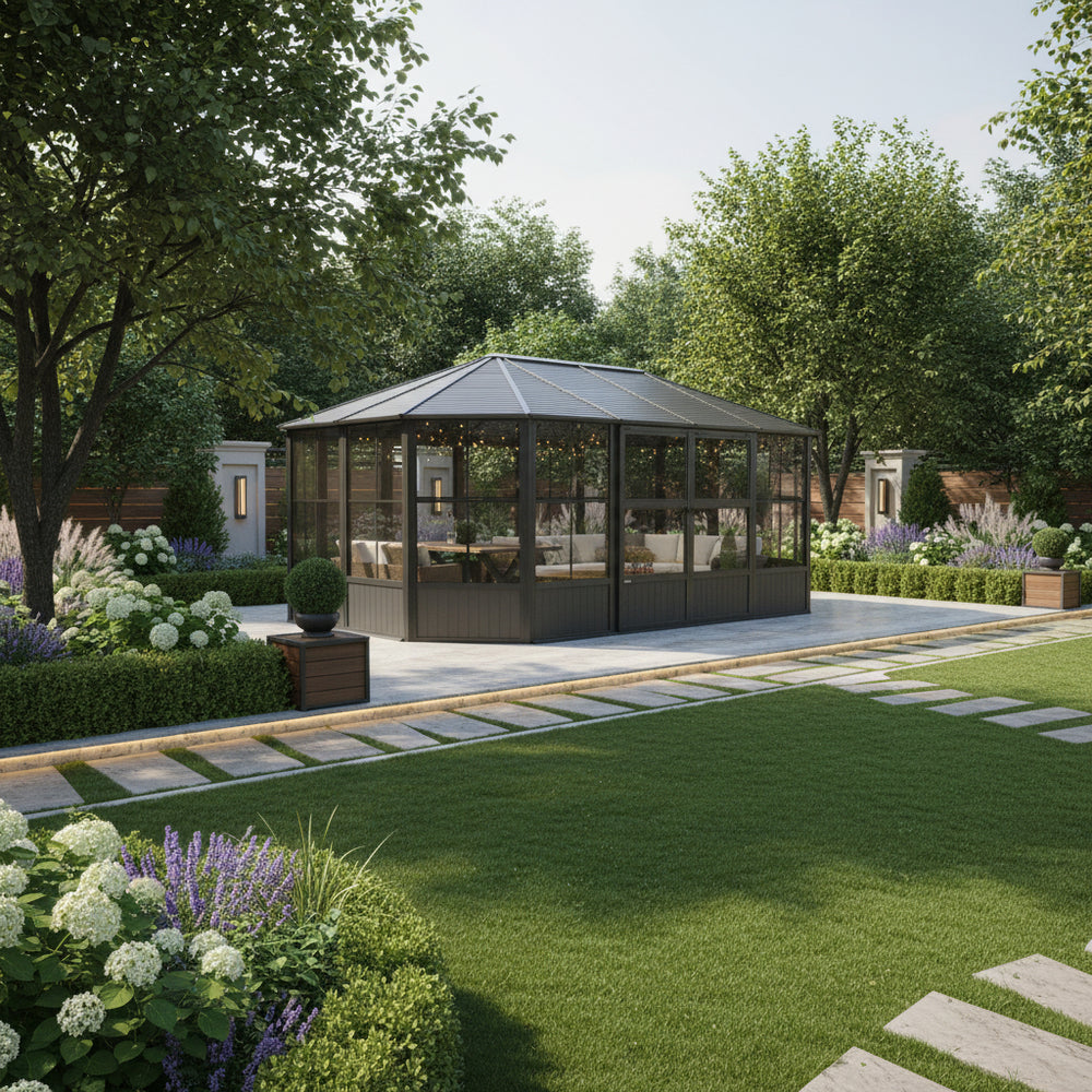 Garden pavilion in a lush green garden with trees and flowers.