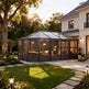 Sunroom attached to a house with outdoor furniture and garden lights.