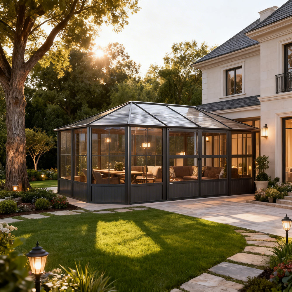 Sunroom attached to a house with outdoor furniture and garden lights.