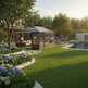 Luxury outdoor pavilion with pitched roof and full‑glass design