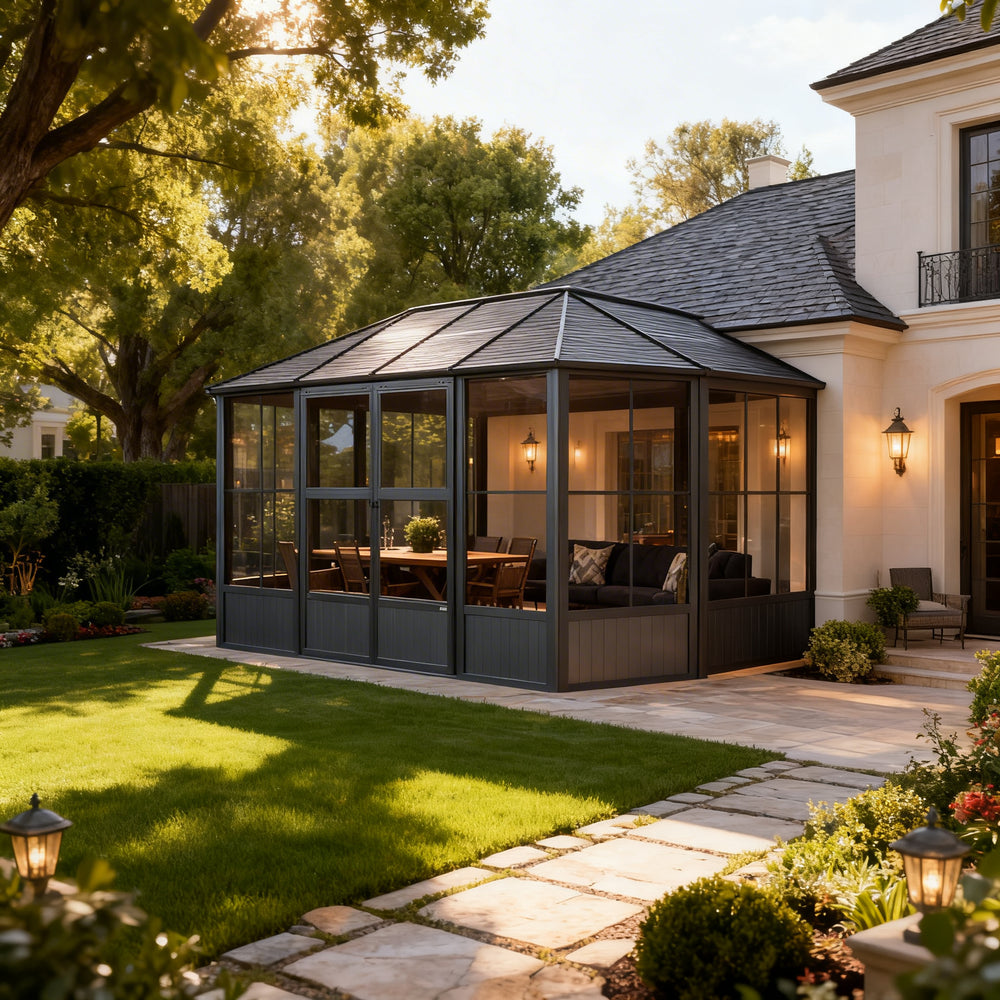 Freestanding steel pavilion with solid base panels and glass walls