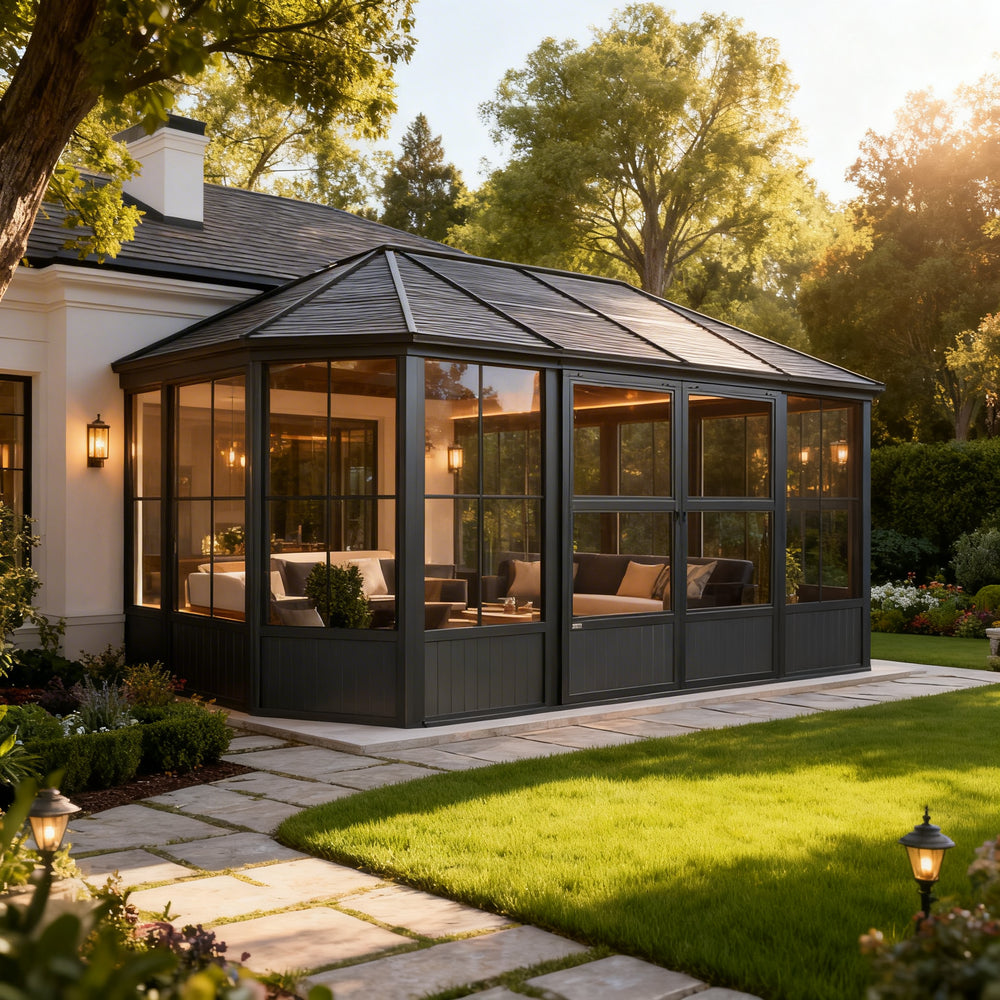 Modern sunroom enclosure with double doors and clear glazing