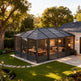 Modern garden pavilion with transparent walls and metal framing