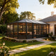 Contemporary backyard pavilion with solid lower walls and glass upper panels