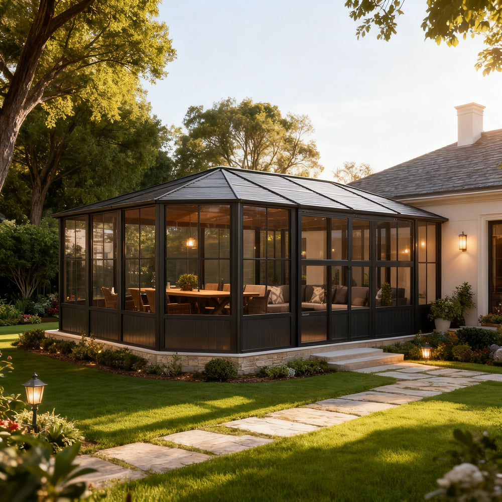 Contemporary backyard pavilion with solid lower walls and glass upper panels