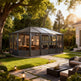 Freestanding outdoor room with multi‑section pitched roof