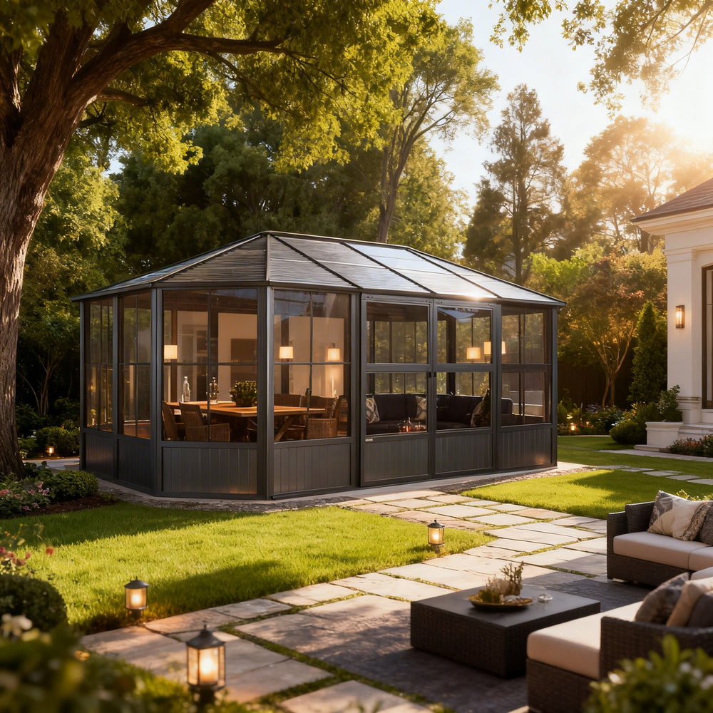 Freestanding outdoor room with multi‑section pitched roof