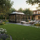 Garden gazebo with outdoor furniture in a lush garden setting