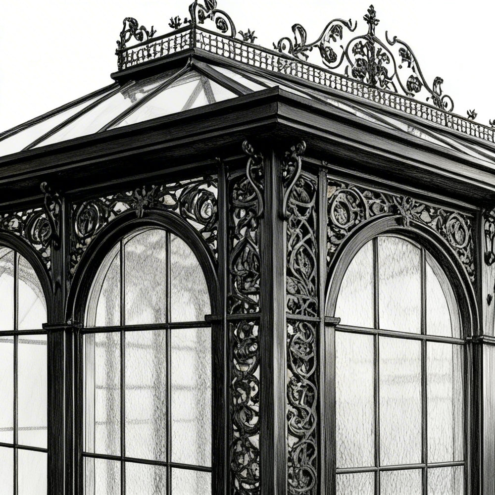 Ornate glass conservatory with intricate metalwork on a white background