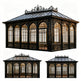 Three ornate glasshouses with intricate metalwork on a white background