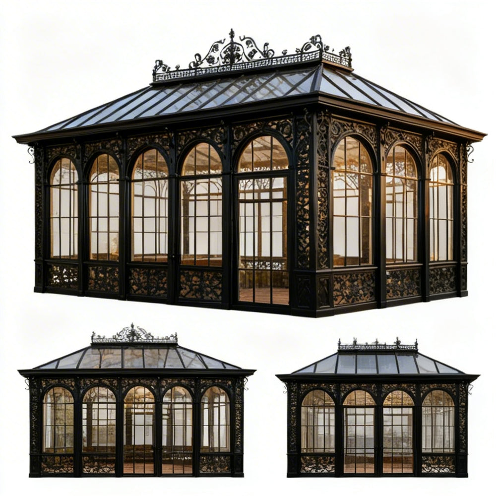 Three ornate glasshouses with intricate metalwork on a white background