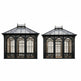 Two ornate glasshouses with black frames on a white background