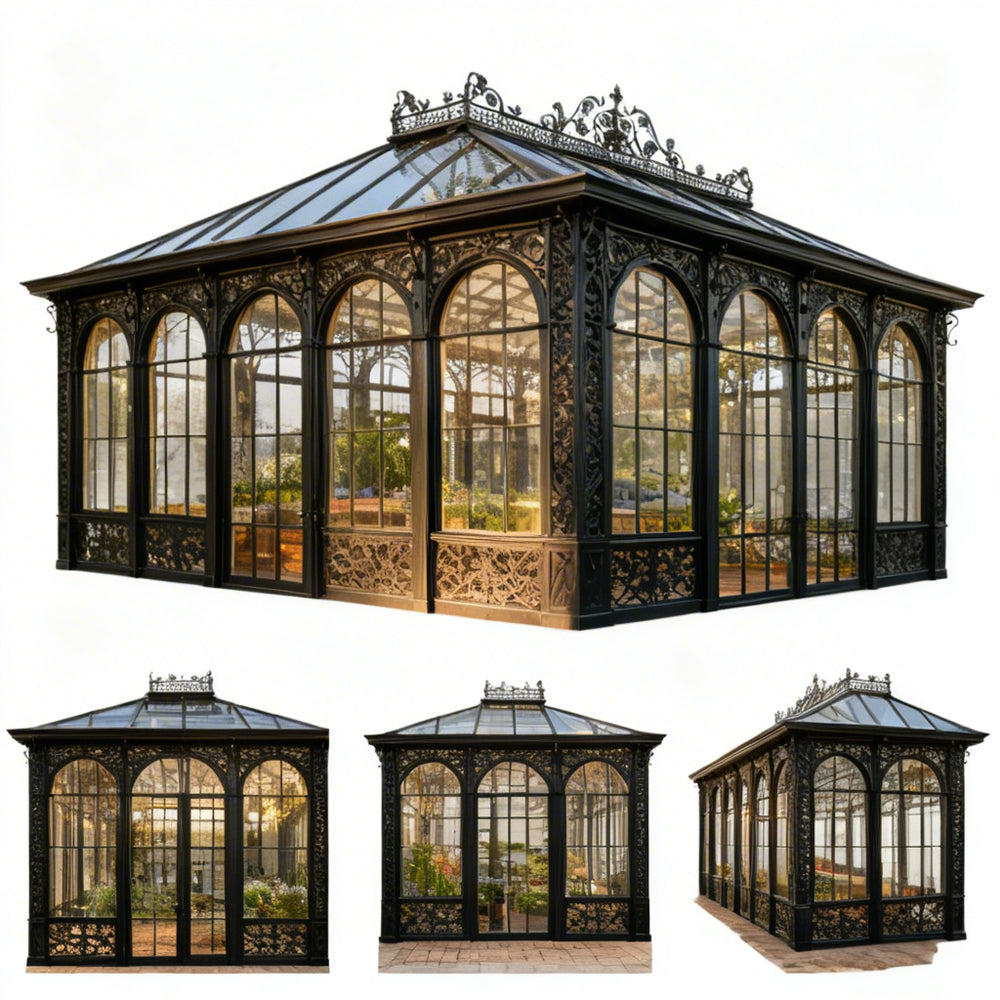 Ornate glasshouse with intricate metalwork on a white background