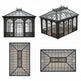 Set of four ornate glass panels with metal frames on a white background