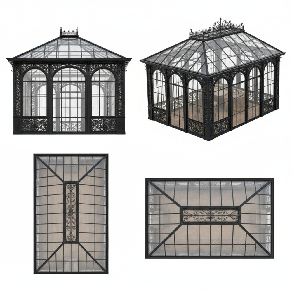 Set of four ornate glass panels with metal frames on a white background