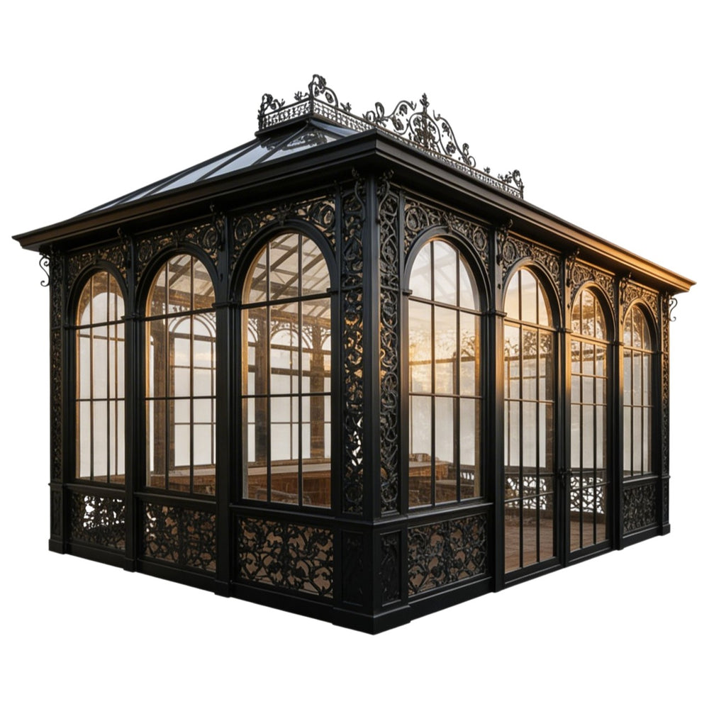 Premium Victorian garden room with decorative metal panels and glass walls
