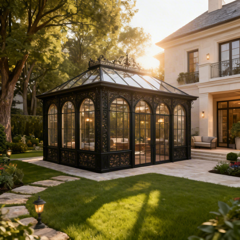 Elegant Victorian greenhouse structure with arched windows and metal framing