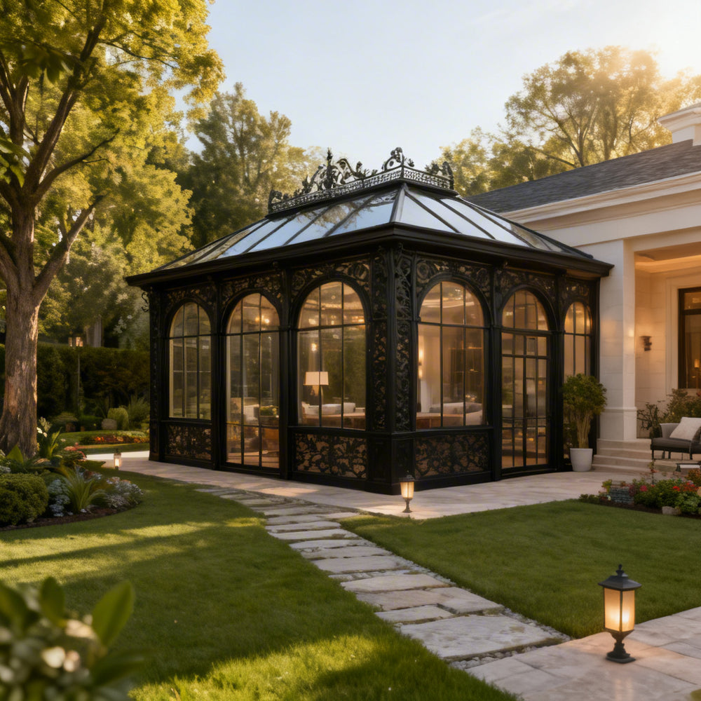 Luxury outdoor pavilion with arched glass roof and wrought iron design
