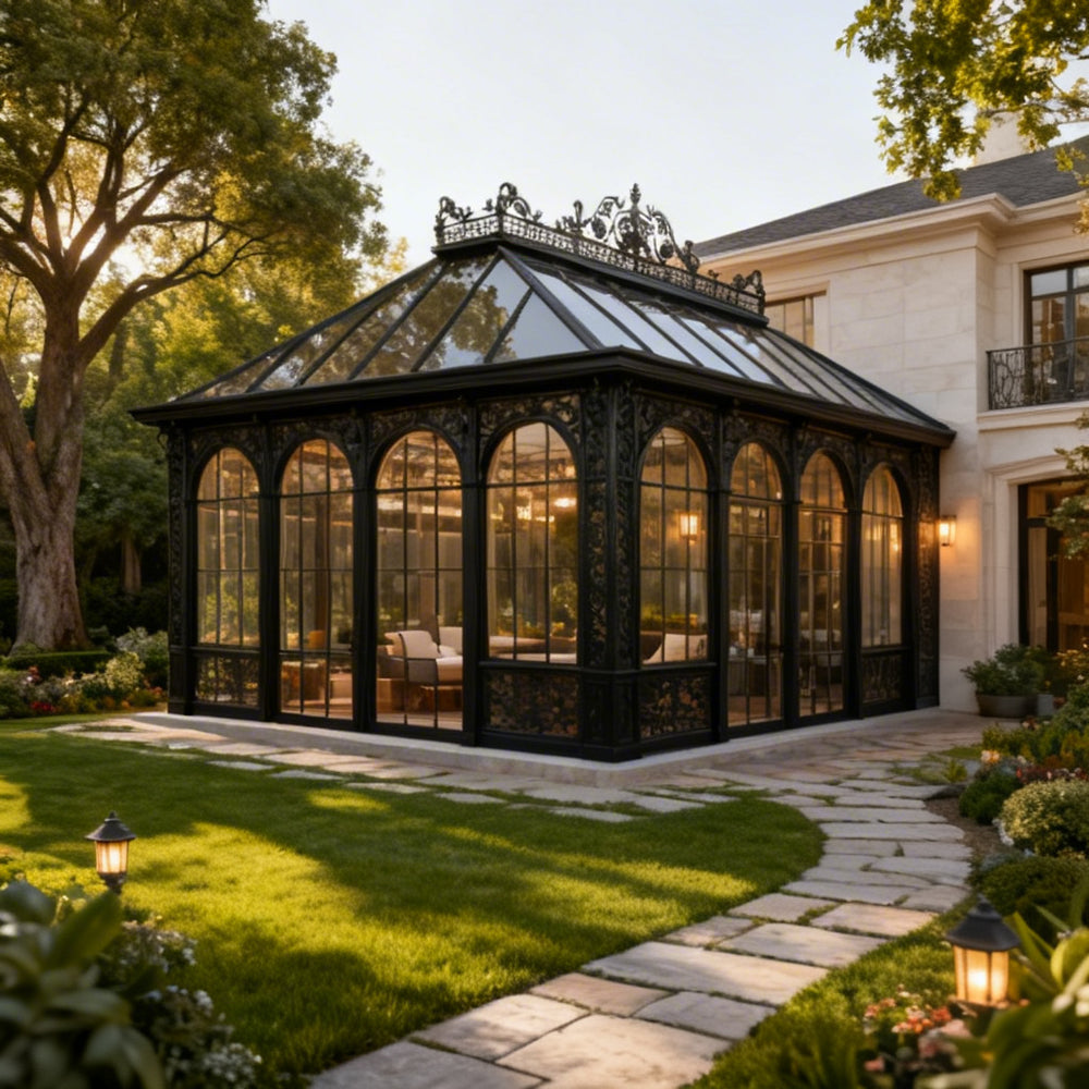 Luxury freestanding garden pavilion with tall arched windows and glass roof