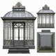 Decorative glasshouse with ornate metalwork on a white background