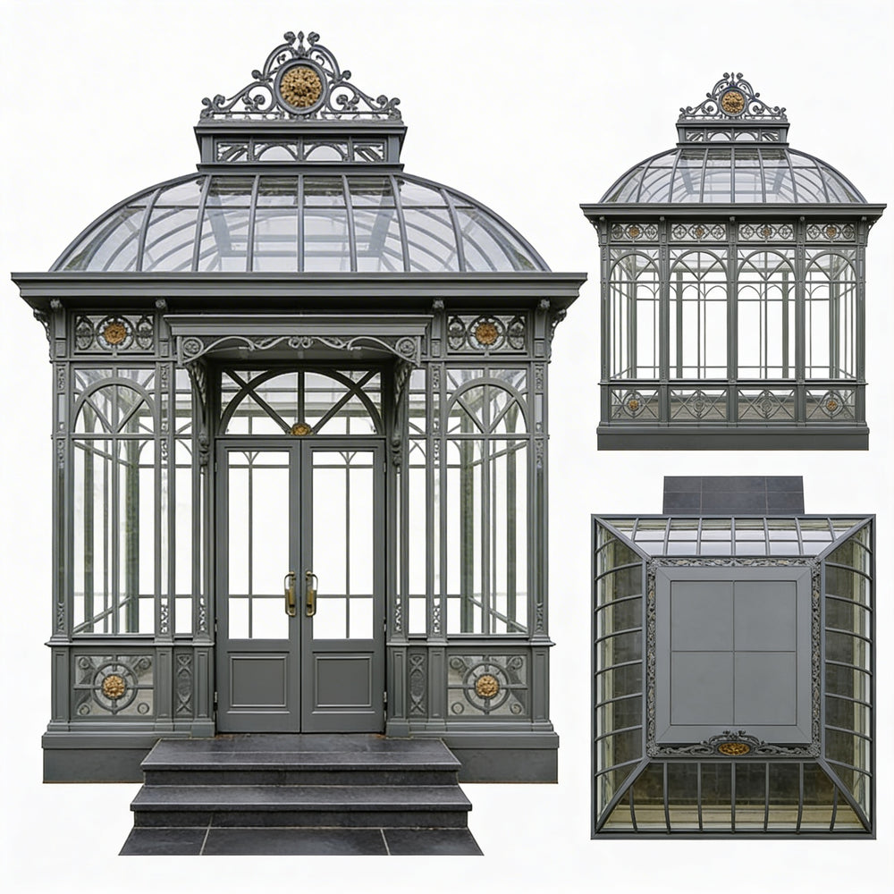 Decorative glasshouse with ornate metalwork on a white background