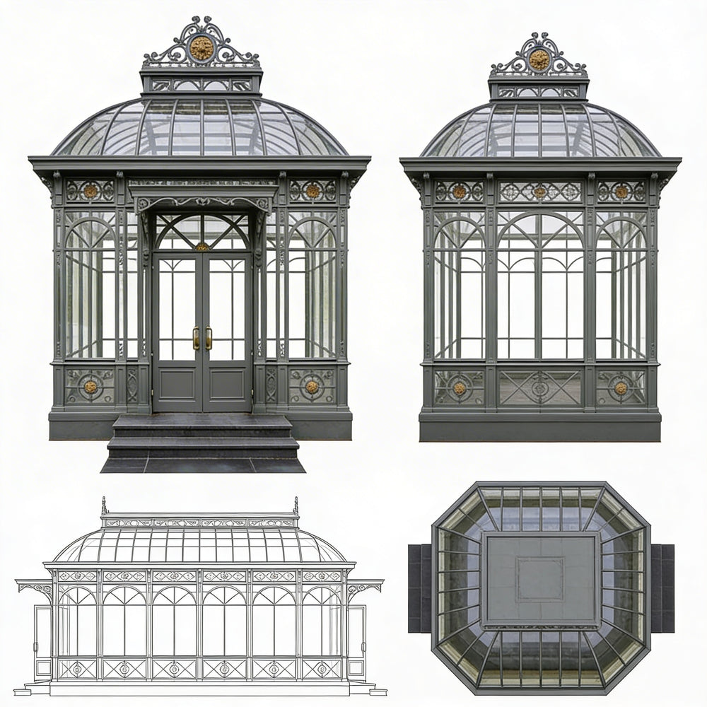Set of four views of a decorative glass conservatory on a white background