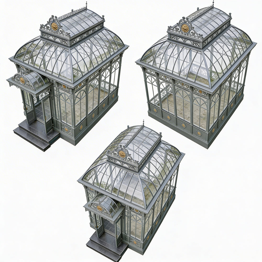 Three ornate glasshouses on a white background