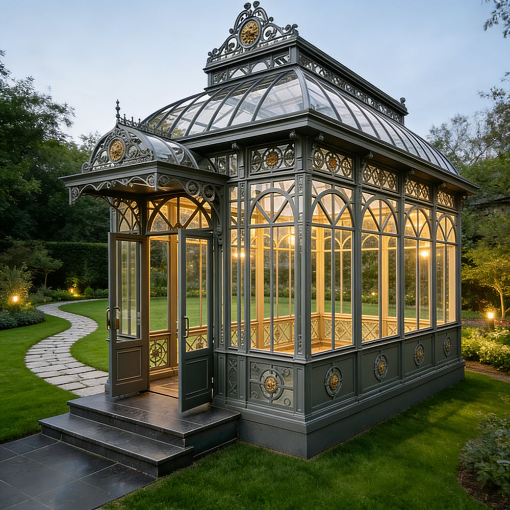 Freestanding Victorian pavilion with tempered glass and wrought iron frame