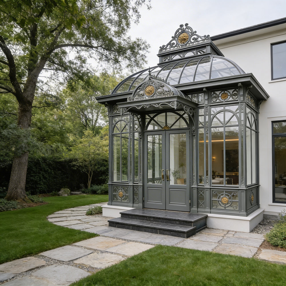 Luxury estate conservatory with raised center roof and decorative panels