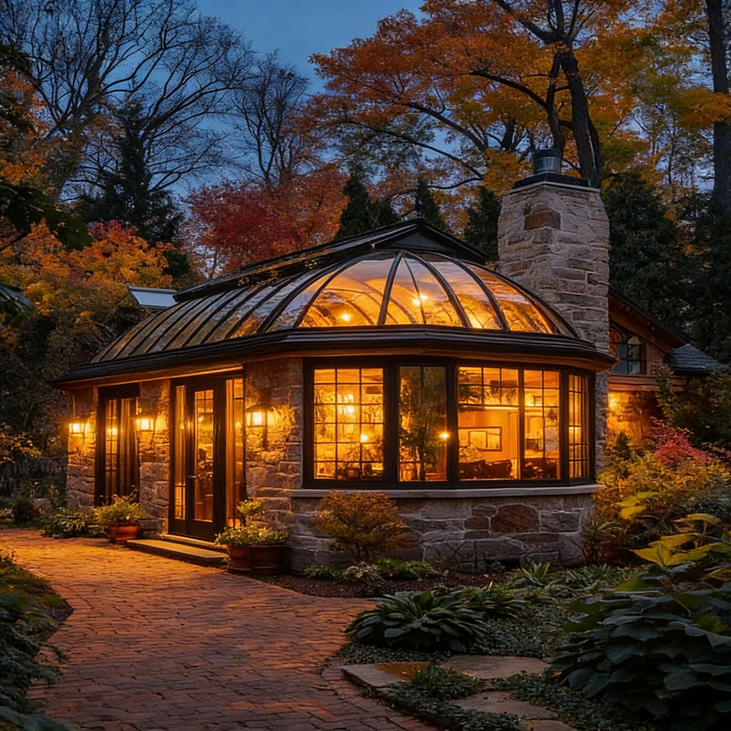 Stone house with a large glass conservatory at dusk, surrounded by trees with autumn foliage.