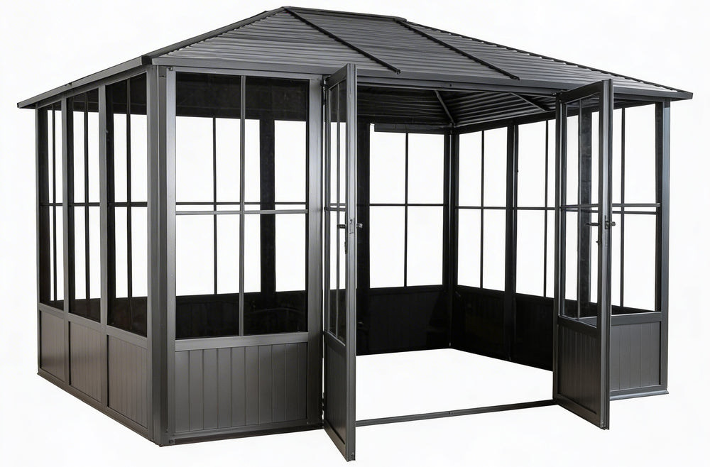 Gray metal gazebo with open doors on a white background