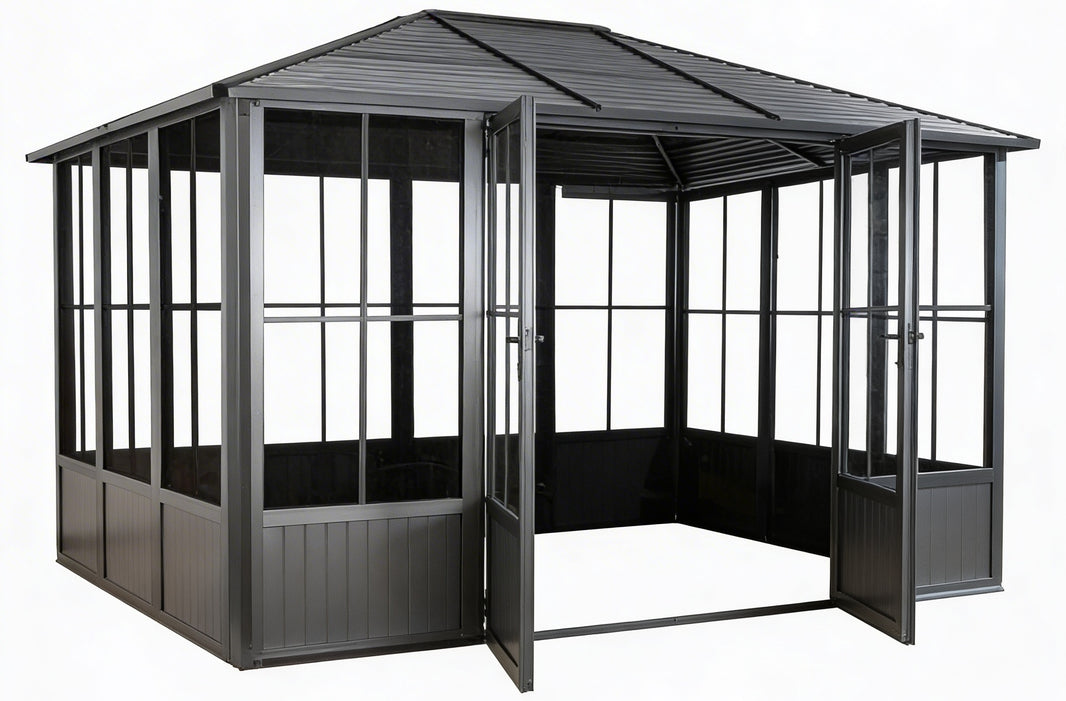 Gray metal gazebo with open doors on a white background