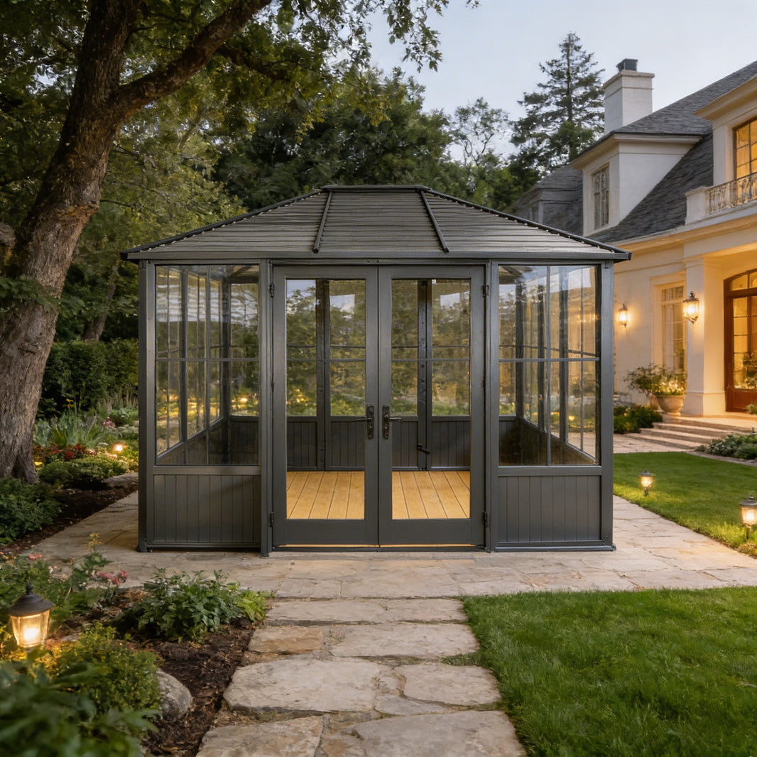 Modern Steel & Glass Garden Pavilion | Freestanding Outdoor Room with Pitched Metal Roof and Double Doors Model # SUNR4354