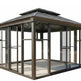 Hexagonal greenhouse with glass walls and a brown roof on a white background