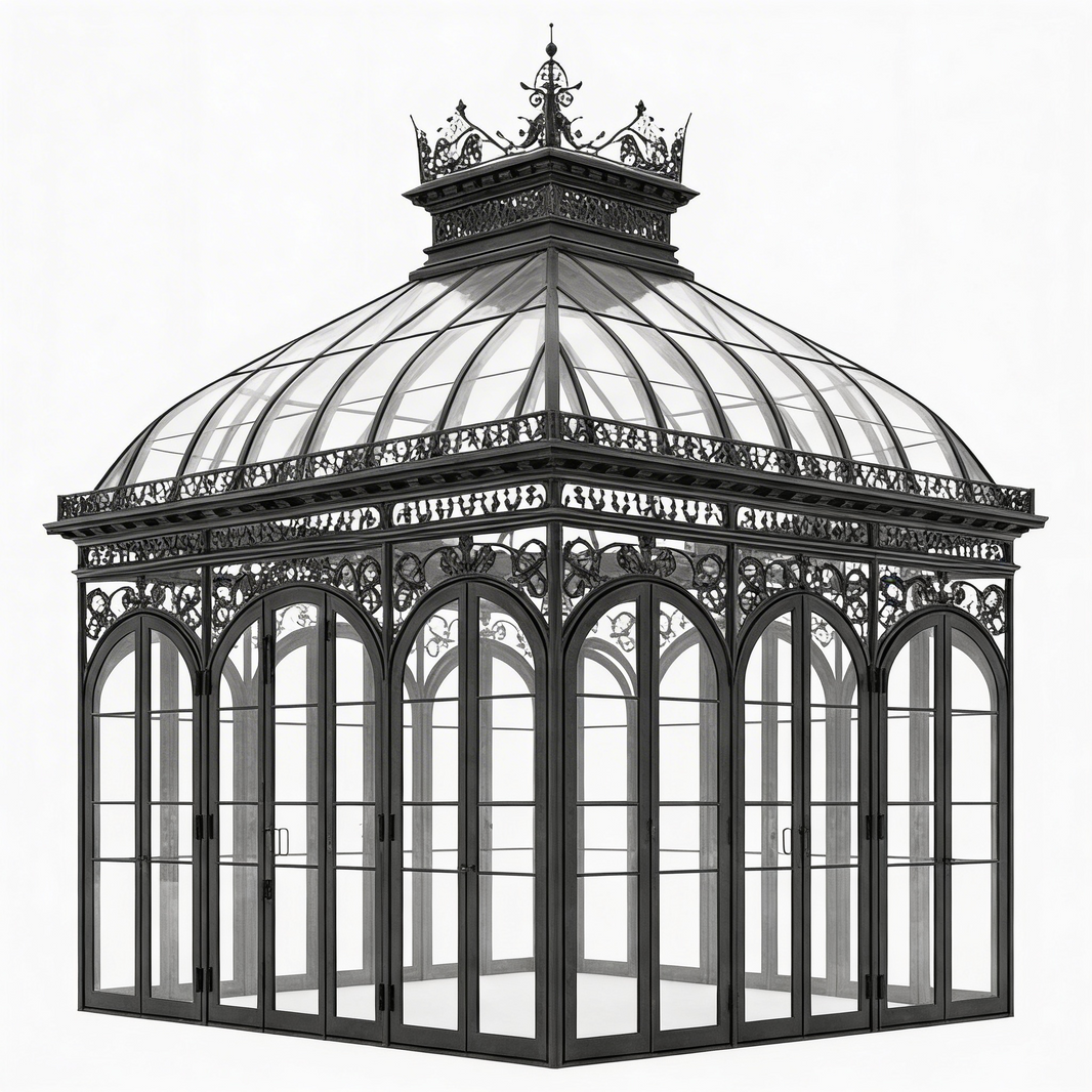 Victorian glass conservatory with crown roof beside luxury pool