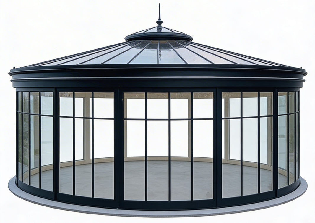 Circular glass pavilion with conical roof and raised crown