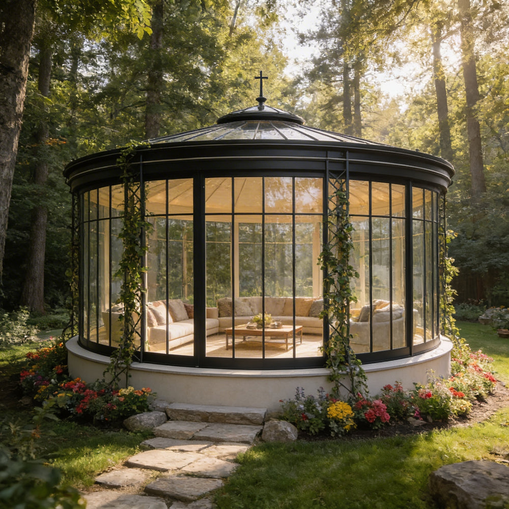 Circular outdoor room with glass panels and steel roof
