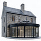 Stone house with a black glass extension on a white background