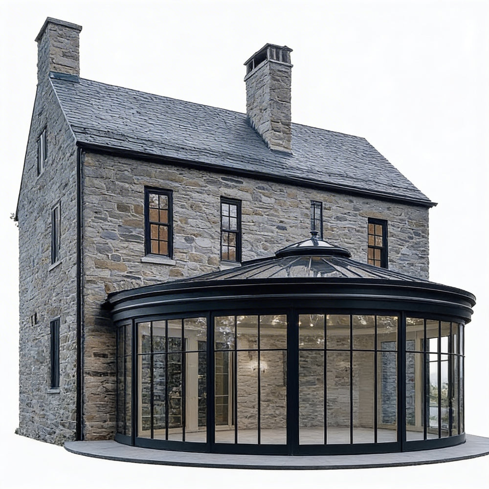 Stone house with a black glass extension on a white background