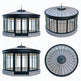 Four views of a glass conservatory with a central dome on a white background