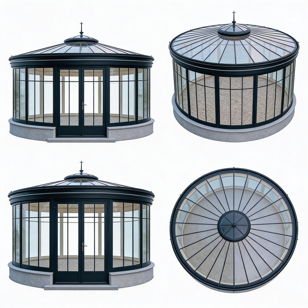 Four views of a glass conservatory with a central dome on a white background