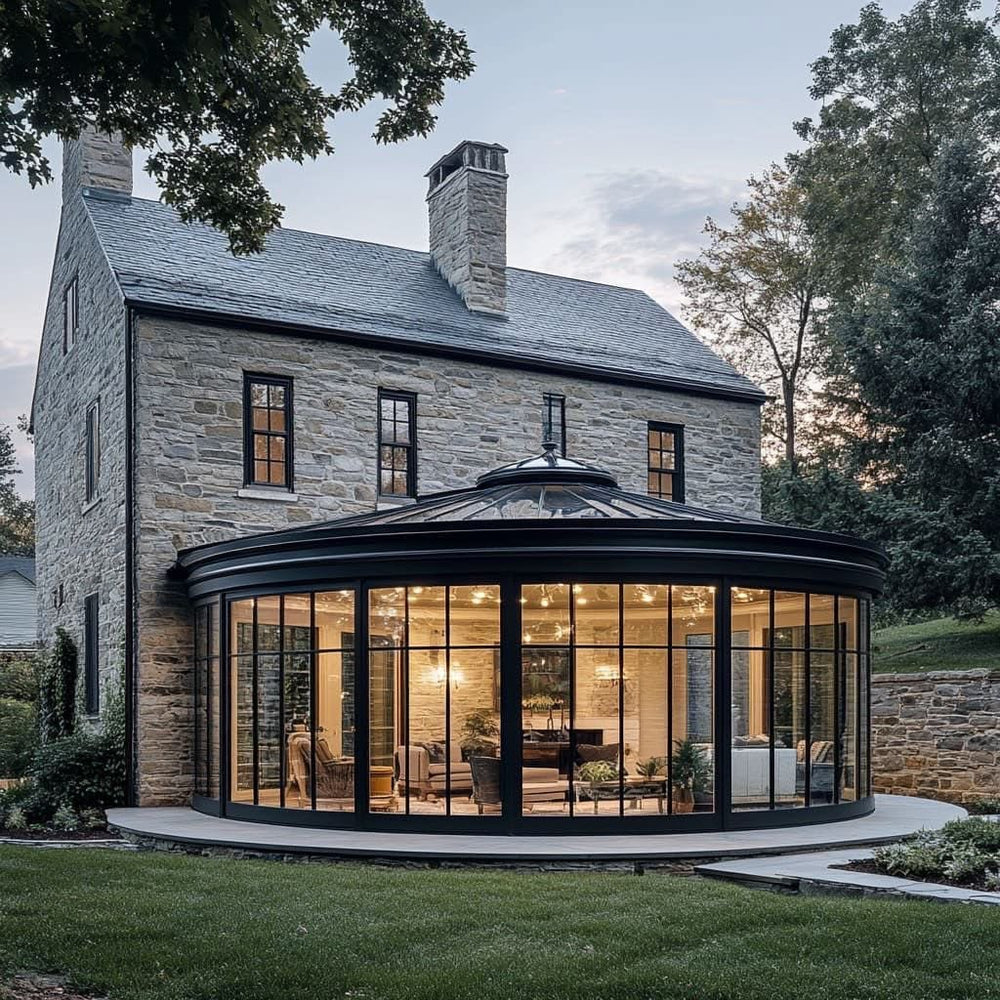 Stone house with a modern glass extension at dusk